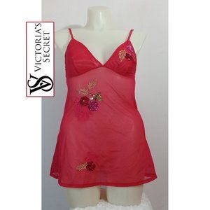 VINTAGE Victoria' Secret Red Floral Cherry Sequin Embroidered V-neck Lingerie L
